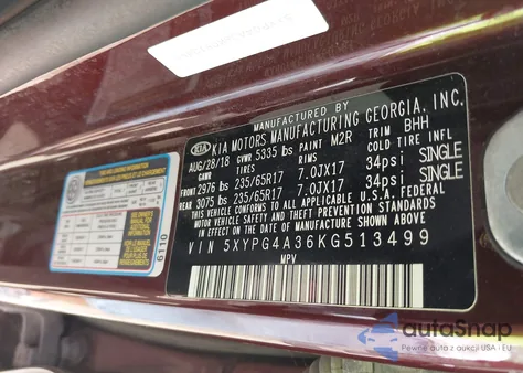 2019 Kia Sorento 2.4L Lx from USA, damaged, VIN 5XYPG4A36KG513499